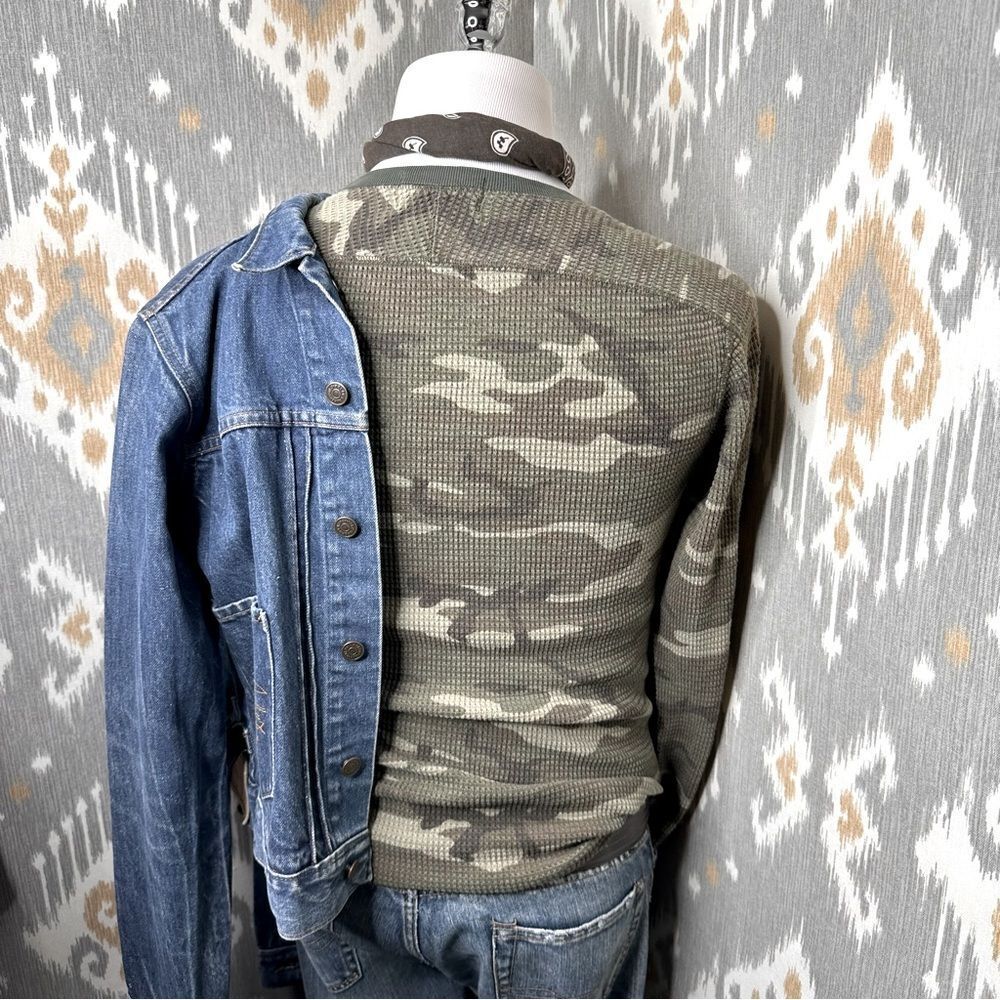 Ralph Lauren RRL Cotton Olive Camo Long Sleeve Thermal Waffle-Knit Tee Shirt - Picture 5 of 16